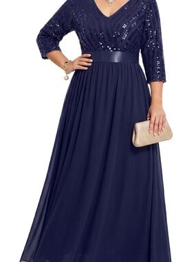 Plus Size Navy Sequin V-Neck Maxi Dress with Satin Waistband